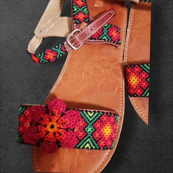 Handcrafted  Sandals With Beaded Floral Design Multicolor Size 5.5 - Picture 4 of 7